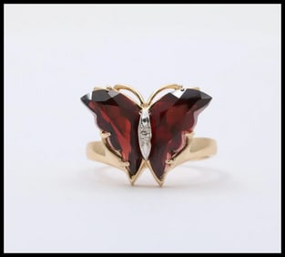 Vintage Butterfly Garnets Diamond 14K Yellow White Gold Ring
