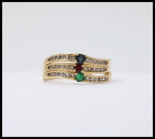Vintage Trio Stacking Solitaire Emerald Sapphire Ruby 18K Yellow Gold Rings