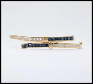 Vintage Sapphires Diamonds 18K Yellow Gold Bypass Bangle Bracelet