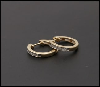 Vintage Ladies Diamonds 14K Yellow White Gold Huggie Earrings