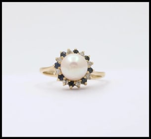 Vintage Pearl Sapphires Diamonds Cluster 14K Yellow Gold Ring