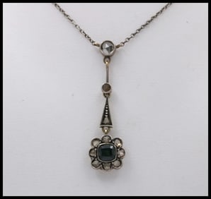 Antique Edwardian 14K Gold & Silver Sapphire, Rose Cut Diamond Floral Lavalier Style Pendant