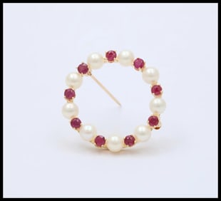 Vintage Rubies Cultured Pearls 14K Yellow Gold Brooch Pin