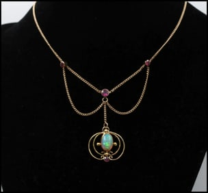 Art Nouveau 14K Yellow Gold Opal & Pink Tourmaline Festoon Necklace Pendant .