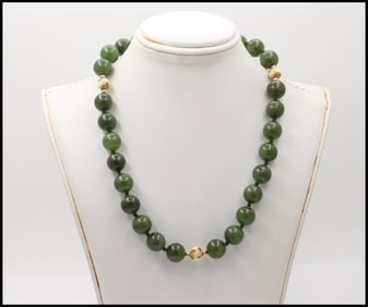 Vintage Spinach Jade Beaded 14K Yellow Gold Necklace