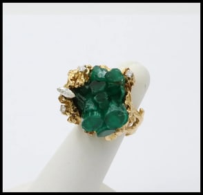 Vintage Chatham Emerald Diamonds 14K Yellow Gold Ring