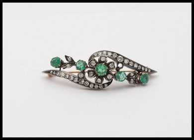 Victorian Emerald Diamonds Silver 14K YG Flower Brooch Pin