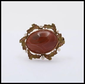 Art Nouveau Agate Seed Pearls 10K Yellow Gold Brooch Pin