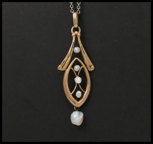 Art Nouveau Diamond Seed Pearls 10K Yellow Gold Pendant