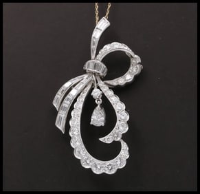 Vintage Ribbon Diamonds Platinum Brooch Pendant