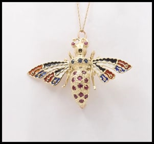 Vintage Movable Honey Bee Sapphires Rubies Enamel 14K Yellow Gold Brooch Pendant