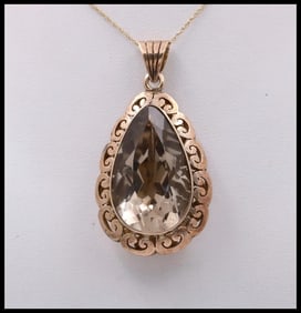 Vintage 14K Rose Gold Pear Shape Smoky Topaz Pendant , Necklace .