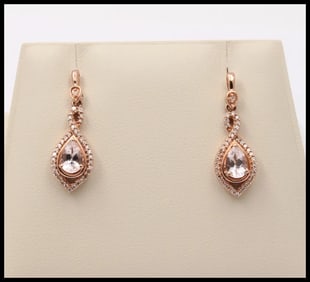 The Beautiful 10K Rose Gold Pear Shape Pink Quartz and Diamond Dangling Earrings