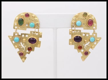 Vintage Multi Stone 18K Yellow Gold Earrings Arizona Mexican