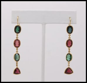 Vintage Pink Green Tourmaline 18K Yellow Gold Dangle Earrings