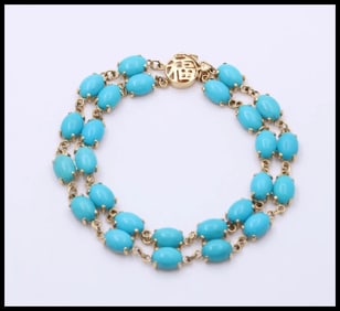 Vintage Turquoise Good Luck 14K Yellow Gold Bracelet