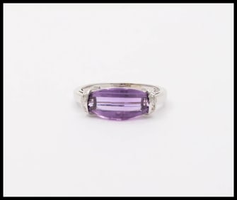 Vintage Amethyst Diamonds 10K White Gold Ring