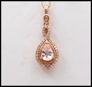 The Beautiful 10K Rose Gold Pear Shape Pink Quartz and Diamond Pendant, Necklace.