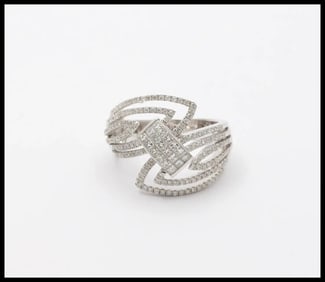 Mid-Century 18K White Gold Diamond Bypass ring, Engagement Ring