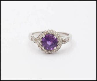 Vintage 14K White Gold Round Amethyst Diamond Halo Ring, Engagement Ring