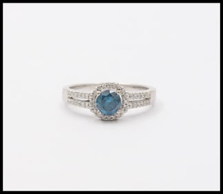 Vintage 14K White Gold Blue Topaz Diamond Halo Ring, Engagement Ring