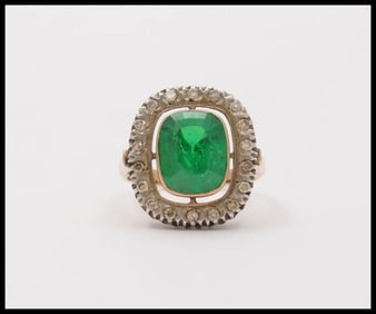 Vintage Russian Emerald Diamonds 14K Yellow White Gold Ring