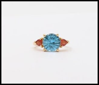 Vintage Fancy Cut Blue Topaz Madeira Citrine 14K Yellow Gold Ring