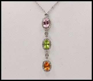 The Classic 14K White Gold Three Stones Oval Multi Color Stone Diamond Pendant Necklace .