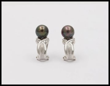 Vintage Tahitian Black Pearls Diamonds 14K White Gold Earrings