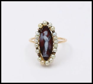 Victorian Navette Cameo Agate Natural Pearls 14K Yellow Gold Ring