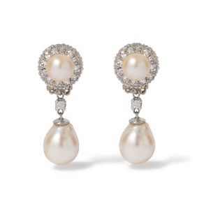 14K WHITE GOLD PEARL & DIAMOND EARRINGS