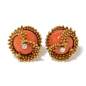 18K YELLOW GOLD CORAL & DIAMOND EARRINGS