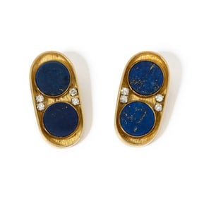 18K YELLOW GOLD  LAPIS & DIAMOND EARRINGS