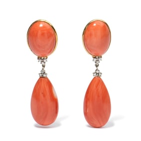 18K YELLOW & WHITE CORAL & DIAMOND EARRINGS