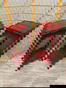 Vintage Asian Style Red Painted Bamboo Plant Stand/Pedestal - Pair