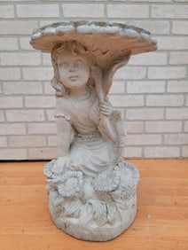 Vintage Hiding Angel Girl Under Sunflower Birdbath