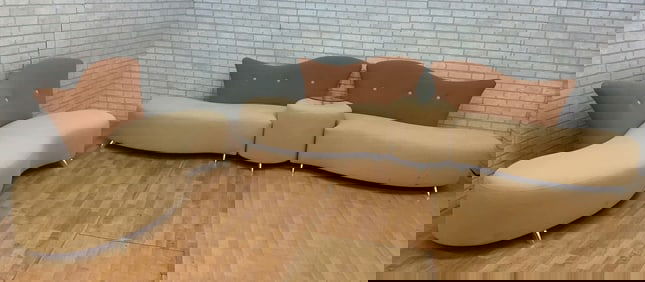 Postmodern Vladimir Kagan Style Serpentine Sofa Set with Glass-Top Cocktail Table - 4 Piece Set