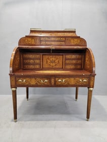 Antique Monumental French Regency Inlaid Brass Mounted Barrel Roll Top Cylinder Desk
