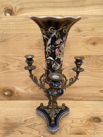 Antique French Porcelain Flower Vase w/ Brass Candelabra
