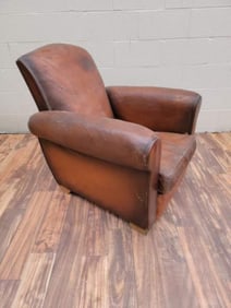 Vintage French Art Deco Original Distressed Leather Club Chair