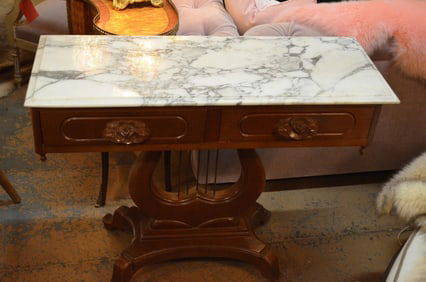 Victorian Mahogany Marble Top Table with a Harp Base
