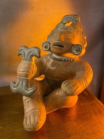 Vintage Cross-Legged Pre-Columbian Style Terra Cotta Statue of Mesoamerican God Xochipilli or