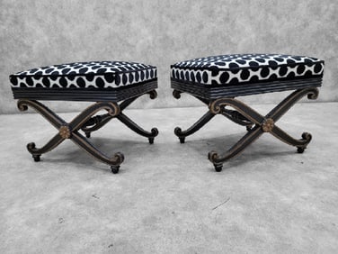 Vintage French Regency Style Ottomans Newly Upholstered in Black & White Velvet Polka Dot Fabric -