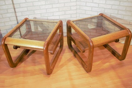 Mid Century Modern Lou Hodges California Side Tables with Inset Glass - Pair