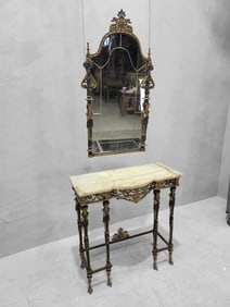 Antique Oscar Bach Style Ornate Figural Bronze Onyx Console with Beveled Wall Mirror - Set of 2