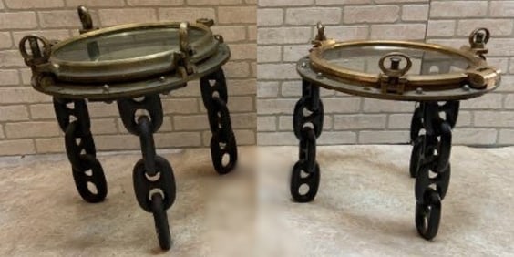 Vintage Nautical Voyager Ship Porthole Side Table On Chain Legs - Pair