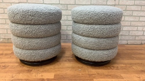 Vintage Contemporary Ridged Stool Newly Reupholstered in a Gray Boucle