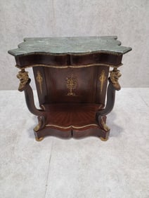 Antique French Empire Lion's Head Ormolu Serpentine Console Table with Italian Marble Top