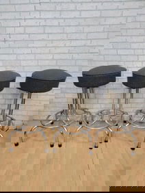 Vintage Industrial Swivel Bar Stools Newly Upholstered in a Charcoal Wool - 3 Piece Set