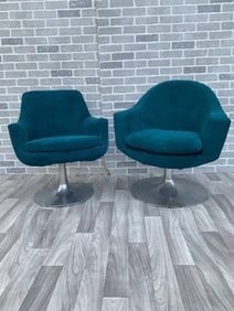 Mid Century Modern Aluminum Swivel Tulip Base Side Chairs Newly Upholstered in Teal Suede - Set of 2